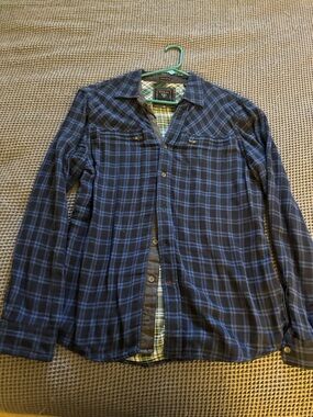 Guess Blue and White Plaid Shirt with Dark Collar